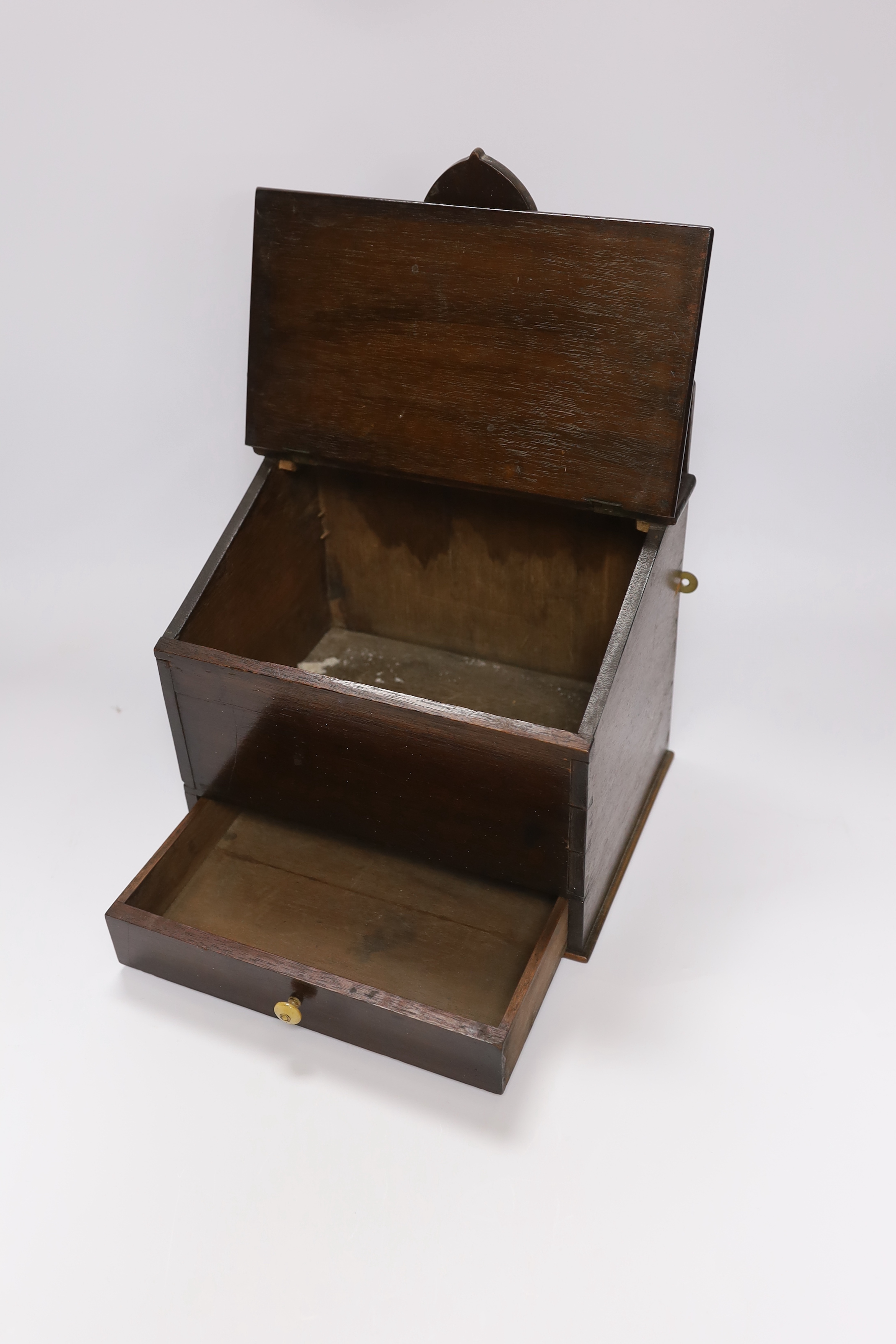 A late 18th century mahogany candle box, fitted small drawer and hinged lid, 36cm